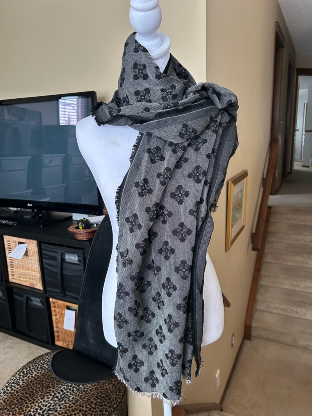 Linen Blend Black & Gray Patterned Scarf Made in France